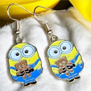Bob Minion Earrings Teddy Bear Despicable Me Gold Pierced Enamel Dangle Jewelry